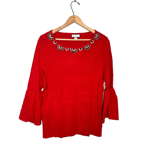 Charter Club Sweaters - Charter Club | Red Bell Sleeve Jewel Embellished Collar Sweater Size XL